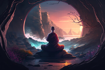 Meditation in Nature Tranquility. Spiritual Serenity. Monk in Lotus pose.