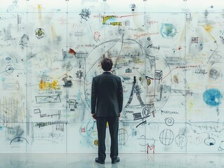 Businessperson analyzing complex strategy sketches on a glass board.