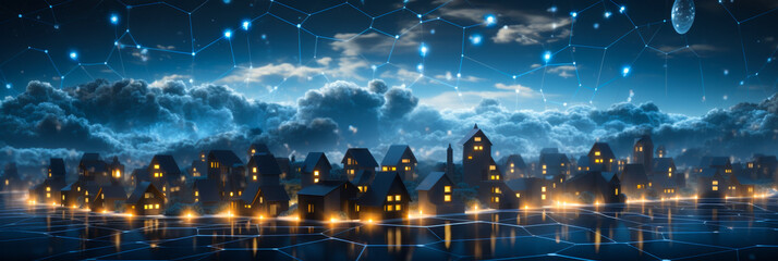 Illuminated Suburban Homes Connected by Digital Network at Night, Showcasing IoT and Smart Living