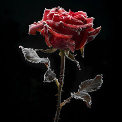 A single red rose, covered with ice crystals, against a black background, evokes a feeling of beauty, coolness, yet strength.