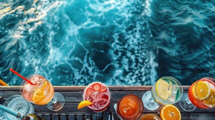 A line of beverages placed on a wooden pier by the ocean, surrounded by a natural environment with lush plants, trees, and underwater organisms. A tranquil scene for leisure AIG50