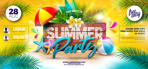 Summer Beach Party Banner Flyer Design with Flower and Beach Ball on Tropical Island with Typography Lettering on Vintage Wood Board Background. Vector Summer Holiday Illustration with Exotic Palm