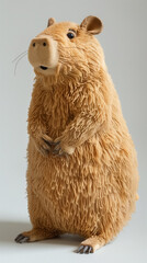 Plush capybara toy standing upright on a plain background, detailed fur texture.