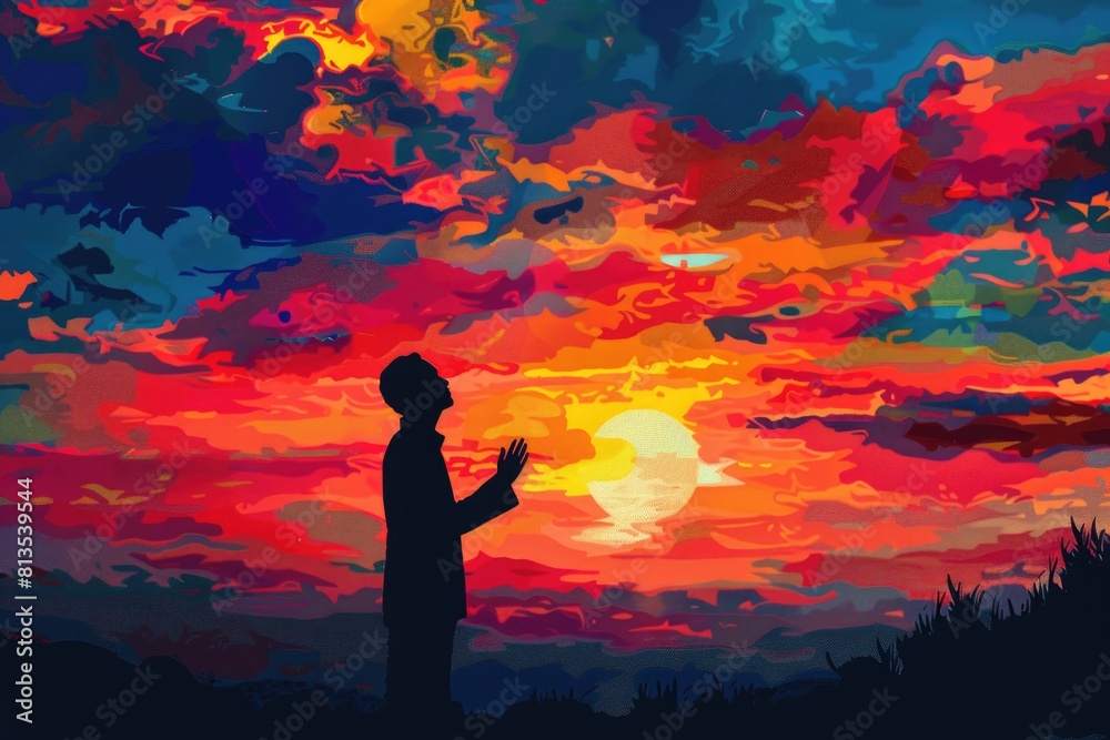 Poster a person standing in front of a beautiful sunset. suitable for various inspirational and motivationa