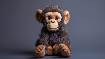 Vintage plush monkey toy with large eyes sitting against a grey background. 