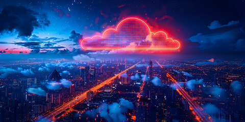 Illuminated Neon Cloud Over Cityscape: Metropolitan Smart City, 5.0 Society, and Digital Infrastructure