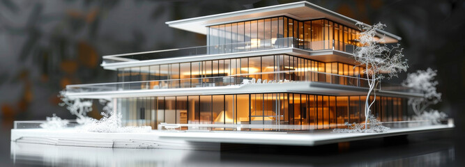 Realistic 3D Architecture Model Interior - Modern Office/Research Facility Design Blueprint Mockup, Transparent Concept Building Structure