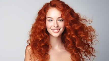 Beautiful, sexy, happy smiling dark-skinned African American woman with perfect skin and red hair, on a white background, banner.