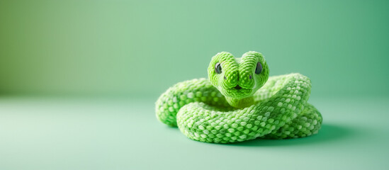 Vibrant green and orange plush toy snake on a green background, detailed texture visible. 