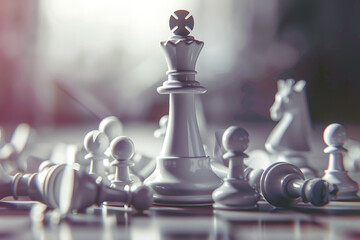 3D render of a chess king standing tall among fallen pieces, symbolizing leadership overcoming challenges 