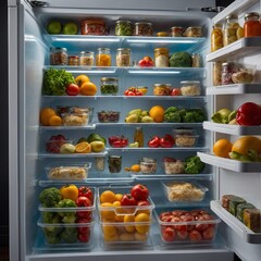 Highlight the significance of proper food storage with an image of a well-organized refrigerator stocked with fresh and safely stored food items.
