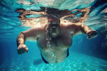 A man swimming underwater in a pool. Suitable for sports or leisure concepts