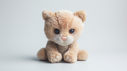 Adorable plush kitten toy with big blue eyes on a plain background, perfect for children’s gift ideas. 