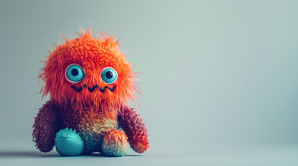 Colorful furry monster toy with big eyes on a plain background, ideal for children’s imagination and playtime. 