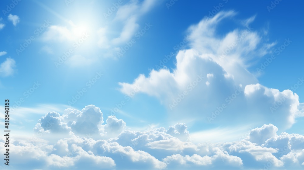 Wall mural Hot cloudy summer background banner panorama - Blue sky with clouds and glowing sun - Wall murals