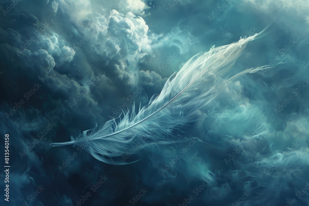 Poster A serene image of a white feather floating in the clouds. Perfect for adding a touch of tranquility to your design projects