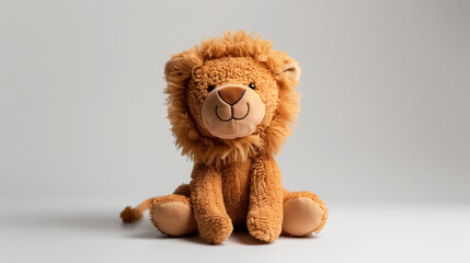 Plush lion toy sitting against a neutral grey background, soft texture visible, ideal for children’s toy or nursery decor.