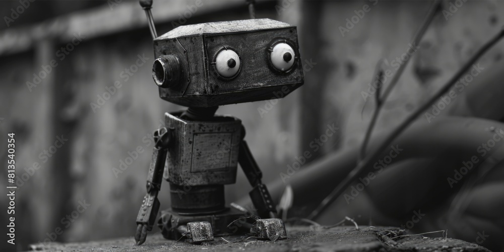 Poster a toy robot sitting on top of a rock, suitable for technology concepts