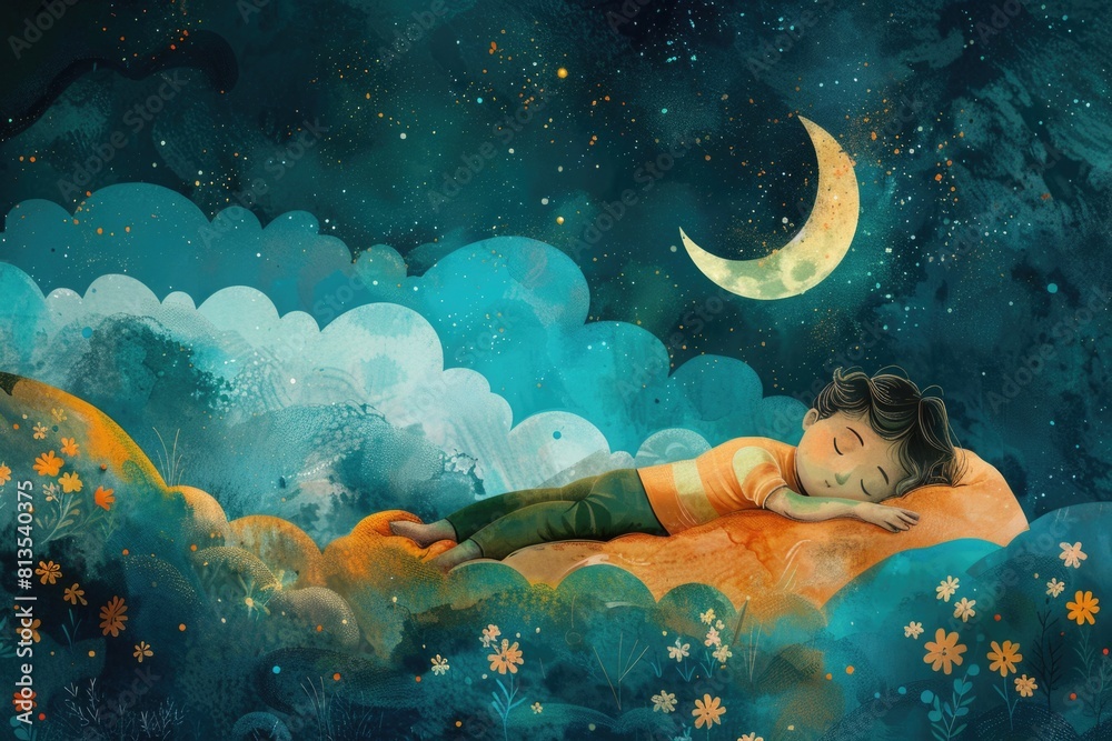 Poster a peaceful image of a child sleeping on a fluffy cloud. perfect for dreamy concepts