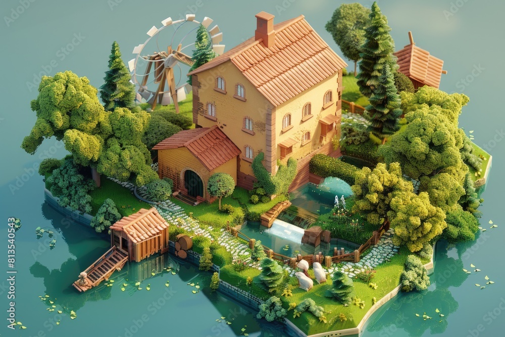 Poster A serene island with a charming house and windmill. Perfect for travel brochures