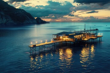 Obraz premium A serene pier on the water with a majestic mountain in the background. Suitable for travel and nature themes