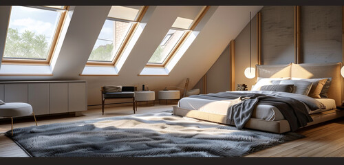 Modern Scandinavian loft bedroom with large skylights, a plush gray rug, and simple, elegant furniture.