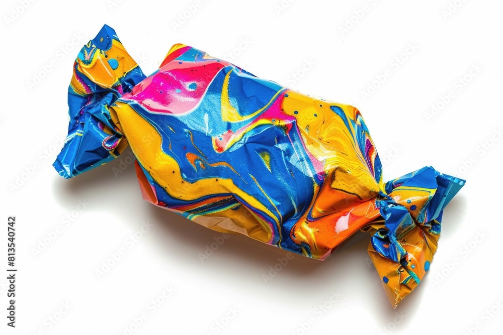Poster A detailed view of a candy wrapper on a plain white background. Ideal for product packaging concepts