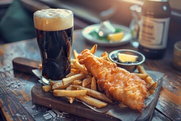 Delicious fish and chips served with a cold beer, perfect for a pub menu - Powered by Adobe