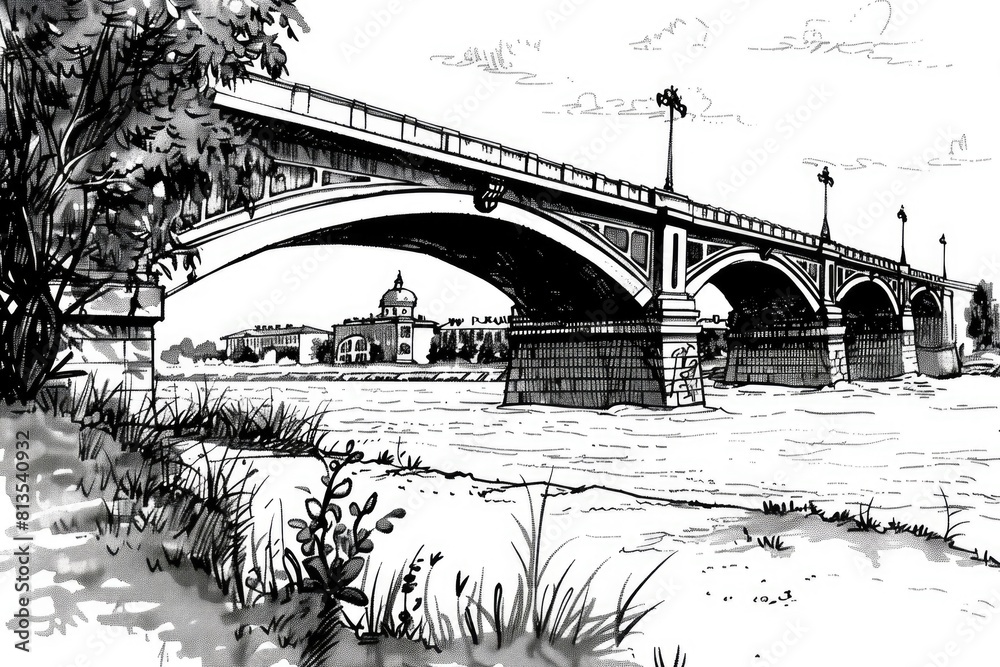 Poster Detailed drawing of a bridge over a river, suitable for various design projects