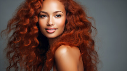 Beautiful, sexy, happy smiling dark-skinned African American woman with perfect skin and red hair, on a silver background, banner.