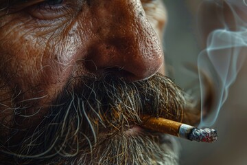 Close-up of a rugged man with a thick mustache smoking a cigarette