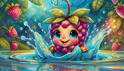 OIL PAINTING STYLE Cartoon character cute raspberry in water splash,