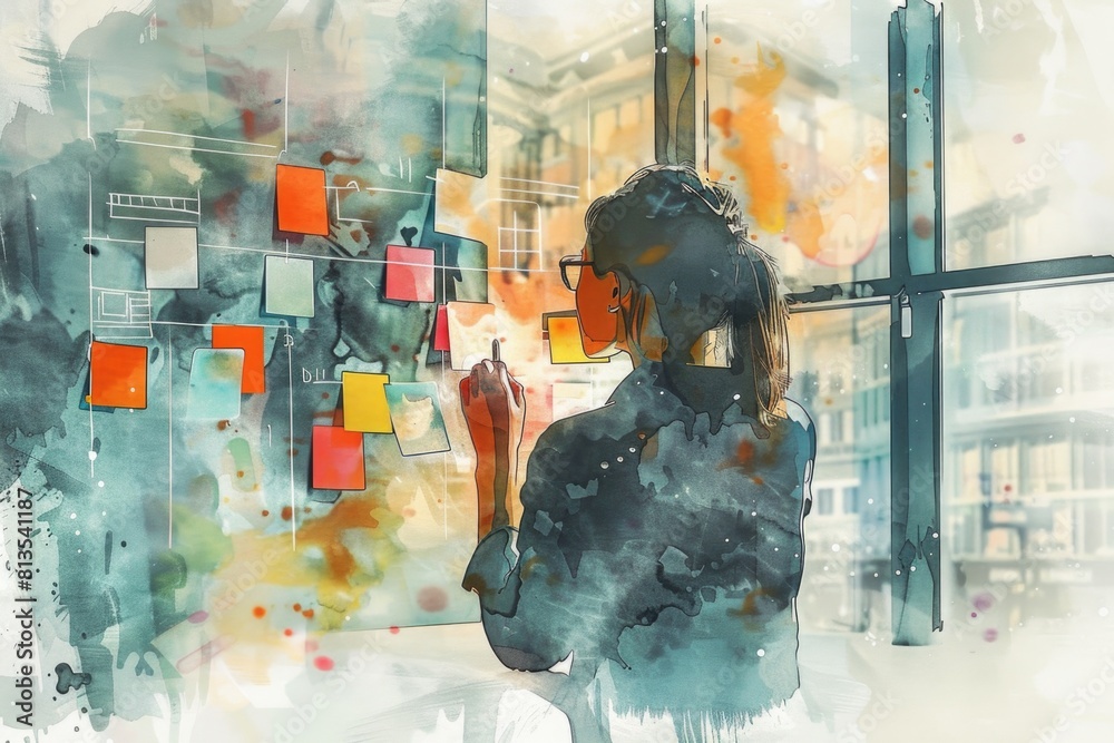 Poster A painting of a woman gazing through a window. Suitable for various design projects