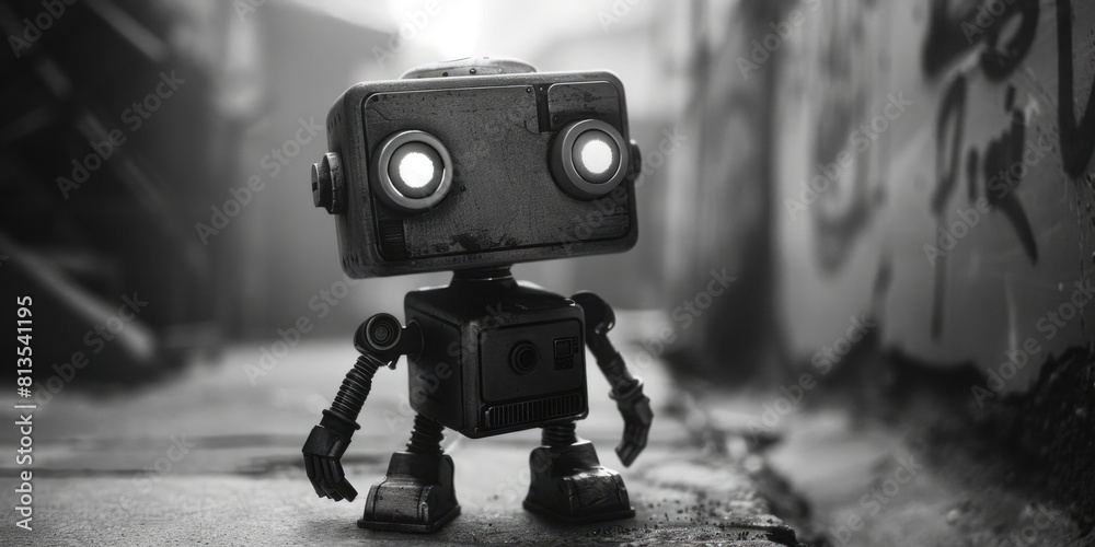 Aufkleber a small robot captured in black and white. suitable for technology concepts