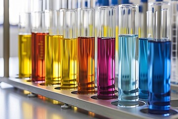 Colorful test tubes with chemical solutions in a laboratory experiment for scientific research
