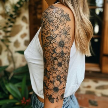 Close-up of a woman's arm, displaying an intricate sleeve tattoo with floral and geometric patterns.