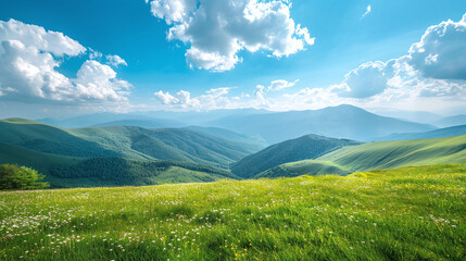 Obraz premium Beautiful landscape view of mountains covered with grass and blue sky