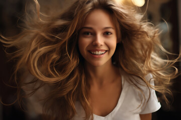 Fototapeta premium portrait of a young beautiful girl on the background of a dark interior with lights, modern style and fashion, lifestyle