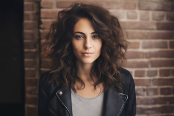 Fototapeta premium portrait of a young beautiful woman against a brick wall, modern style and fashion, lifestyle