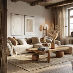 Scandinavian living room featuring a mix of contemporary and rustic elements, providing a warm and inviting space.