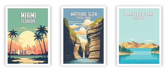 Fototapeta premium Miami, Watkins Glen, Bartlett Lake Illustration Art. Travel Poster Wall Art. Minimalist Vector art