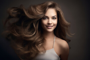 Fototapeta premium portrait of a young beautiful woman with long curly hair, close-up face, on a dark background, studio beauty photo, style and fashion