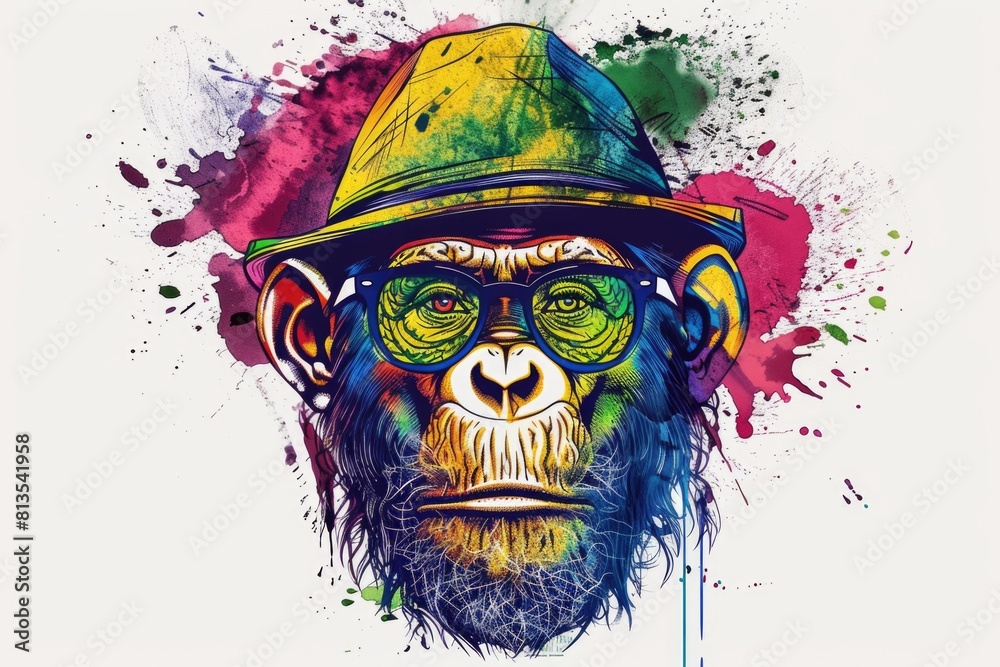 Poster a painting of a monkey wearing a hat and glasses. suitable for various design projects