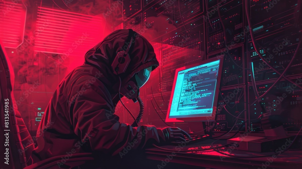 Aufkleber A man in a hoodie focused on working on a computer. Suitable for technology concepts