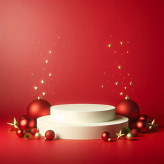 White podium with Christmas ornaments on red background. 3d render