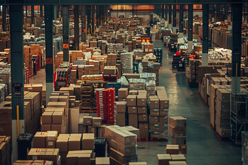 A large, long logistics warehouse filled with boxes, parcels and merchandise 