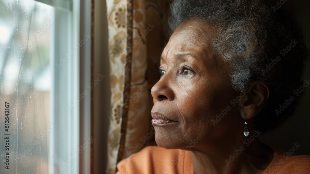 Poster a woman looking out of a window. suitable for various concepts and themes