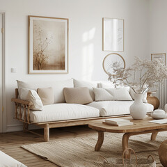 Scandinavian living room with handcrafted wooden furniture, a soft white sofa, and elegant, minimalist decor.