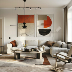 Scandinavian living room with a striking balance between modern art and traditional comfort.