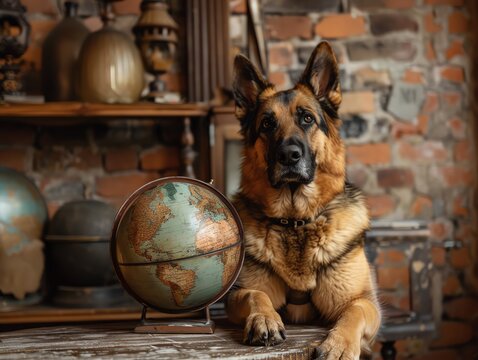 A German Shepherd with a globe, portraying a worldly and adventurous spirit, suitable for travel or adventure gear promotions